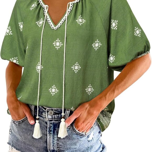 Womens Summer Boho Floral Blouse, Green Floral, XL - Picture 4 of 7